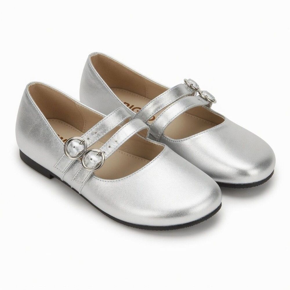 Origo Womens 8.5 Mary Jane Metallic Silver Leather Double Buckle Barefoot Flats